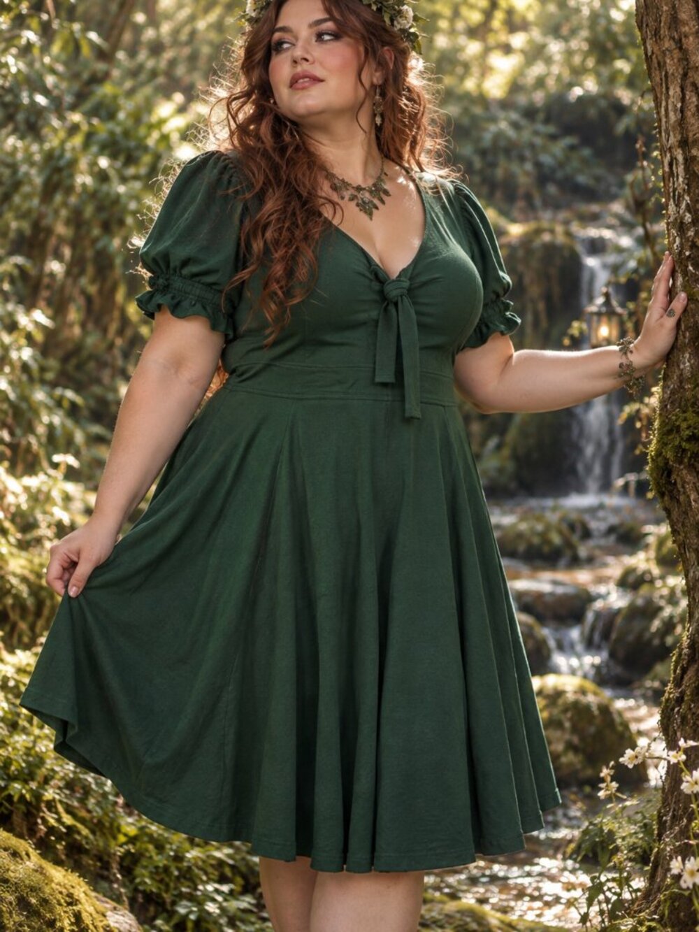eShakti Forest Green Puff Sleeve Fit & Flare Dress Size 20W / 2X